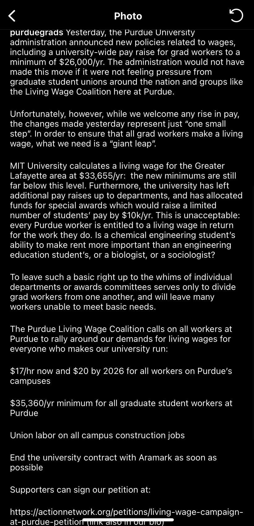 The post caption by the Instagram page "purduegrads", the page for the group Purdue GROW, in response to the university raising the minimum yearly stipend for graduate students.