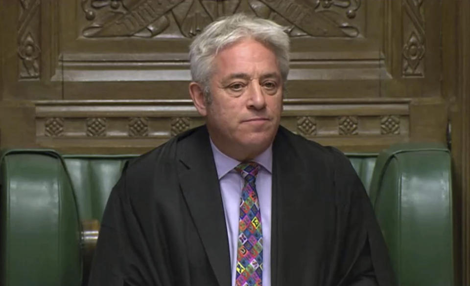 Speaker of Britain's House of Commons John Bercow makes a statement in the House of Commons in London whether Government can hold a debate and vote on the Brexit deal with Europe, Monday Oct. 21, 2019. The government request for a meaningful vote inside the House of Commons is rejected by Speaker Burcow. (House of Commons via AP)