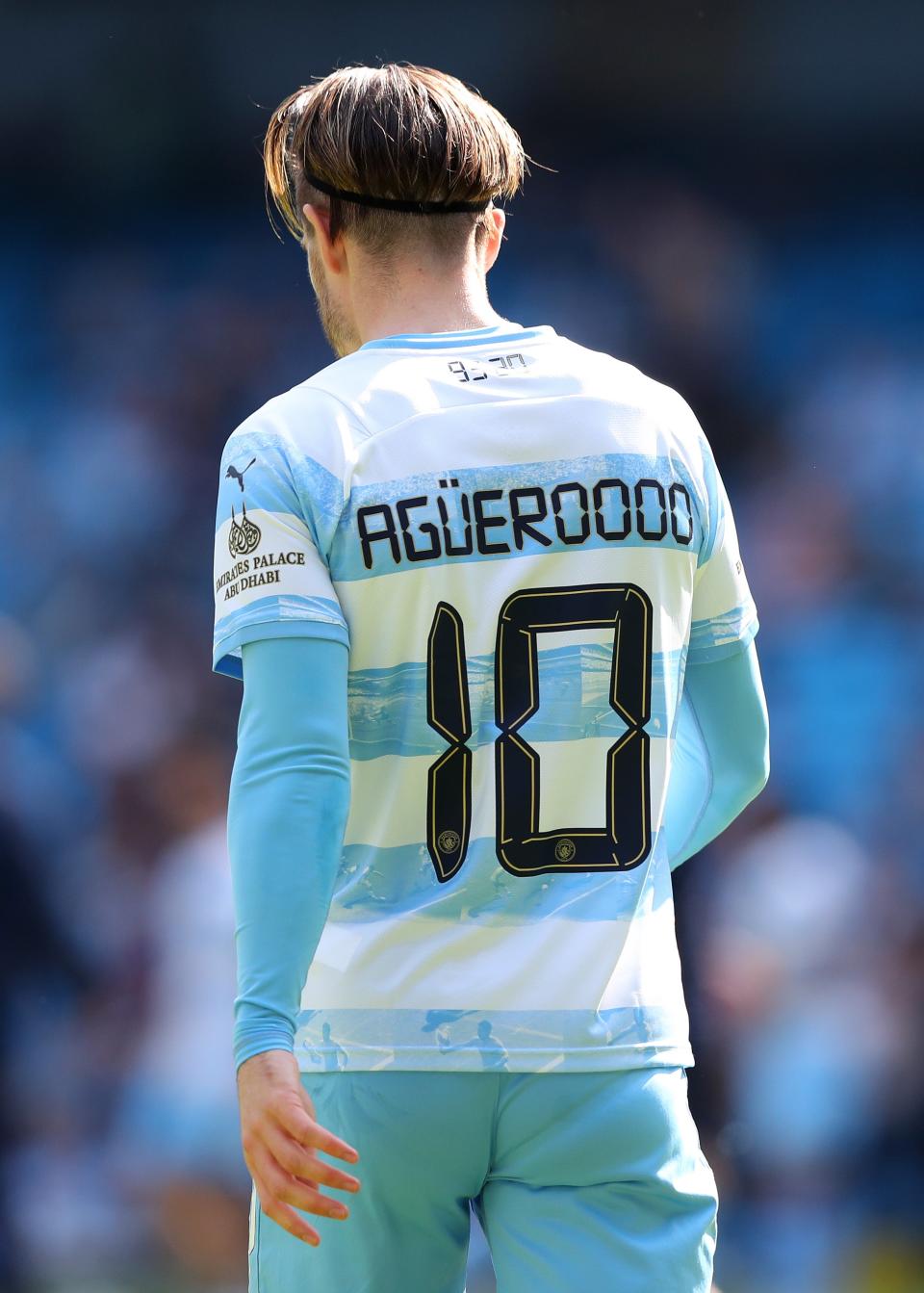 Jack Grealish was one of the City players wearing the commemorative shirt in the pre-match warm-up. (Getty Images)