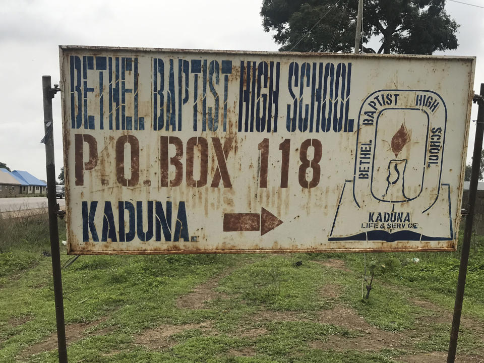 A sign post for the Bethel Baptist High School, is seen following an attack at the school by gunmen in Damishi Kaduna, Nigeria, Tuesday July 6, 2021. Dozens of students were abducted Monday by armed bandits at Bethel Baptist High School in Damishi town of Chikun Local Government Area in Kaduna State in northern Nigeria. Bandits stormed the school early Monday, around 2 a.m., shooting sporadically as they kidnapped the students, said police spokesman Mohammed Jalije. (AP Photo)