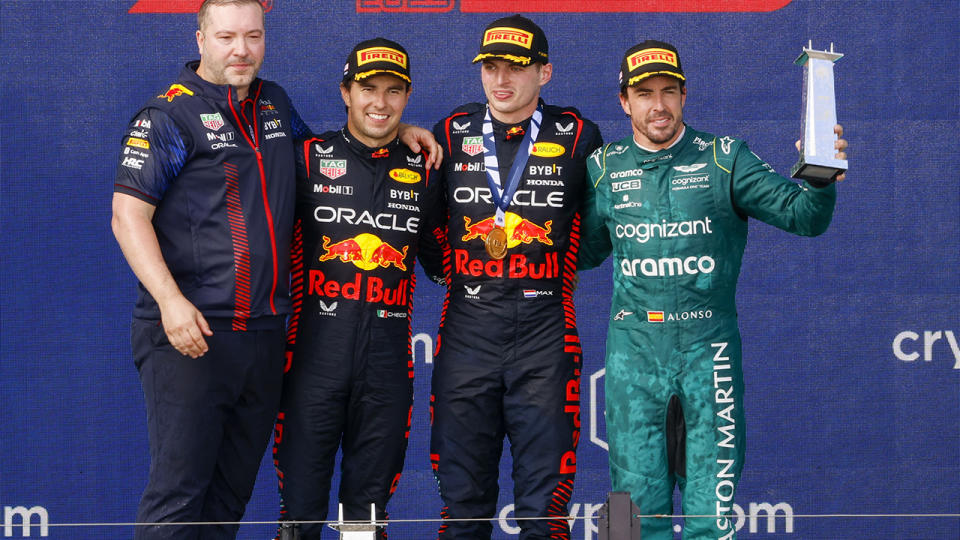 Sergio Perez, Max Verstappen and Fernando Alonso are pictured on the F1 podium.