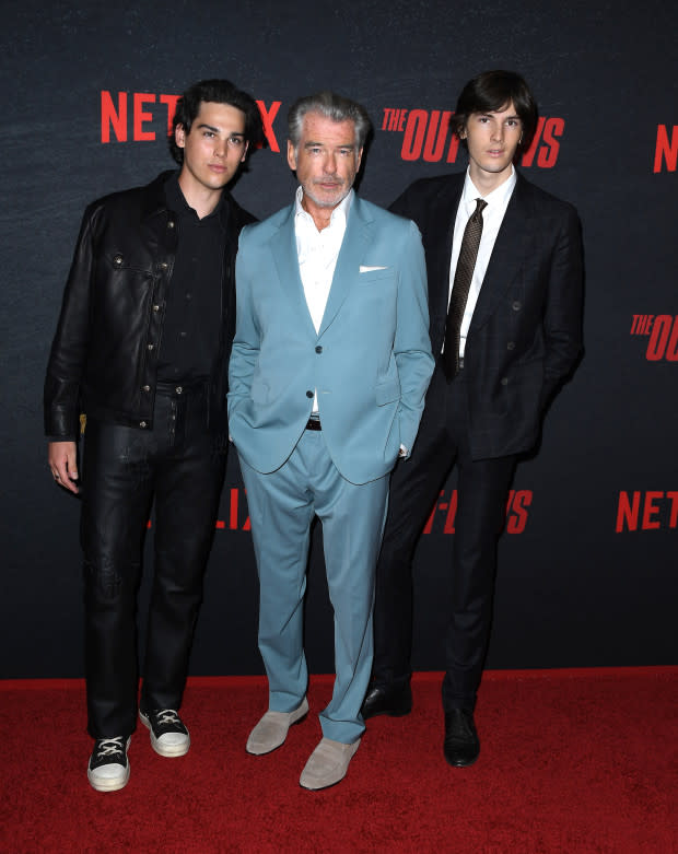 Paris Brosnan, Pierce Brosnan and Dylan Brosnan arrives at the Los Angeles Premiere Of Netflix's "The Out-Laws" at Regal LA Live on June 26, 2023, in Los Angeles, California.<p>Steve Granitz/FilmMagic</p>
