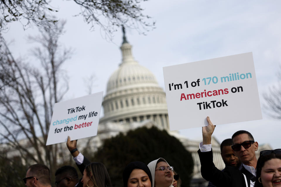 WASHINGTON, DC - MARCH 13: A participant holds a sign in support of TikTok outside the US Capitol on March 13, 2024 in Washington, DC. The House of Representatives is scheduled to vote Wednesday on whether to ban TikTok in the United States over personal privacy and national security concerns unless its Chinese-owned parent company ByteDance sells the popular video app within the next six months.  (Photo by Anna Moneymaker/Getty Images)