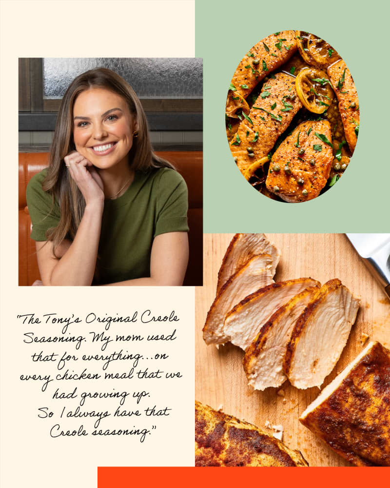 Graphic of Hannah Brown with a quote, a skillet of lemon and capers salmon, and sliced seasoned chicken breast.