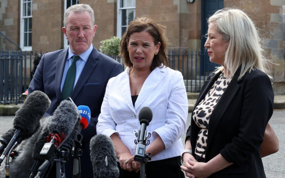 Left to right, Conor Murphy, Mary Lou McDonald and Michelle O'Neill speaking after they met with Boris Johnson - Liam McBurney/PA Wire