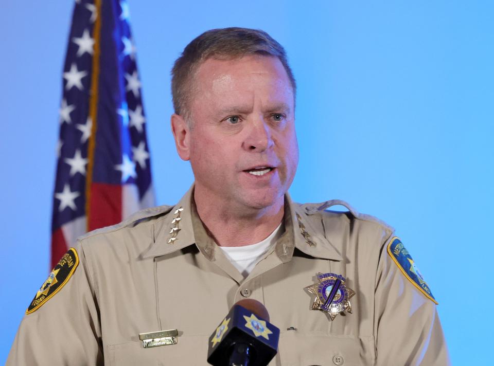 Las Vegas Metropolitan Police Department Sheriff Kevin McMahill speaks during a news conference about a shooting at UNLV at LVMPD headquarters on December 06, 2023 in Las Vegas, Nevada.