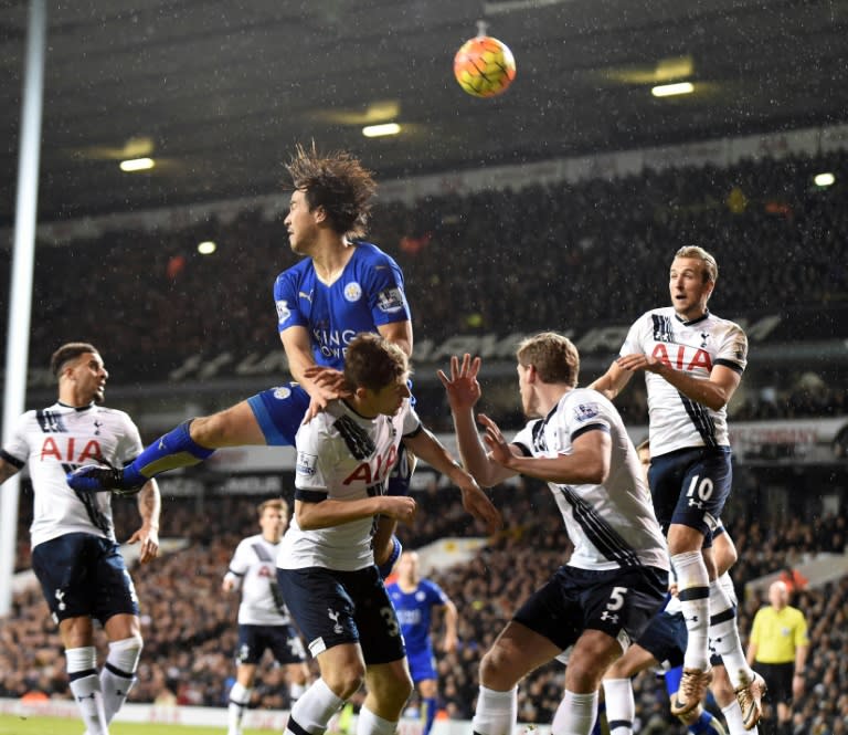 Leicester City's Shinji Okazaki jumps for the ball during their English Premier League match against Tottenham Hotspur, at White Hart Lane in London, on January 13, 2016