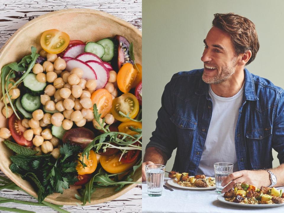 stock image of chickpea salad (left) Rob Hobson sitting at a table (right).