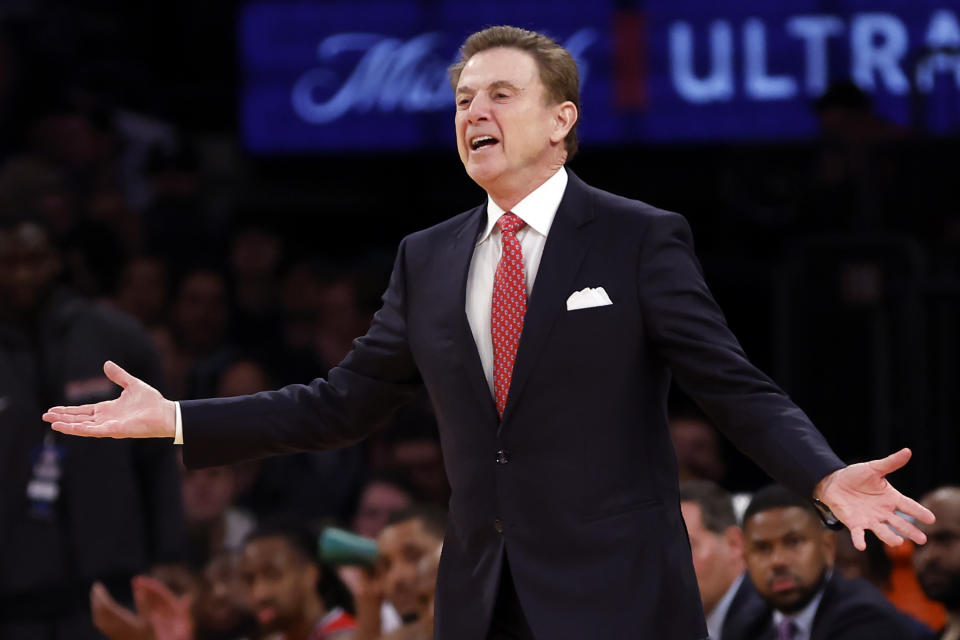 NEW YORK, NEW YORK - MARCH 14: head coach Rick Pitino of the St. John's Red Storm reacts in the first half against the Seton Hall Pirates during the Quarterfinals of the Big East Basketball Tournament at Madison Square Garden on March 14, 2024 in New York City. (Photo by Sarah Stier/Getty Images)