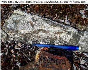 Shreddy texture biotite, Bridget porphyry target, Pedlar property (Cooley, 2018)