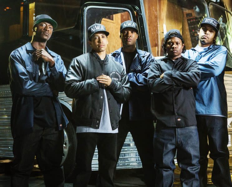 <em>“</em>Straight Outta Compton” stars Corey Hawkins, center, and Jason Mitchell, second from right. Both have supporting roles in “Kong: Skull Island.” (Photo: Jamie Trueblood/Universal Pictures/courtesy Everett Collection)