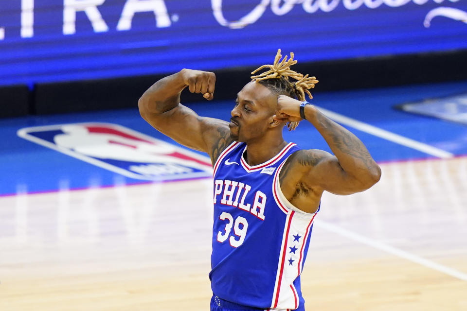 Philadelphia 76ers' Dwight Howard reacts after making a basket during the second half of Game 2 in a second-round NBA basketball playoff series against the Atlanta Hawks, Tuesday, June 8, 2021, in Philadelphia. (AP Photo/Matt Slocum)