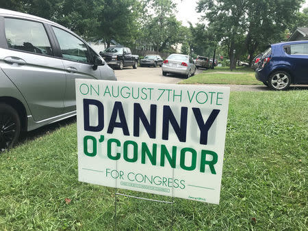 A lawn sign in support of Democratic candidate Danny O'Connor ahead of a special election in Ohio's 12th congressional district in Clintonville, Ohio, U.S., July 15, 2018. REUTERS/Tim Reid