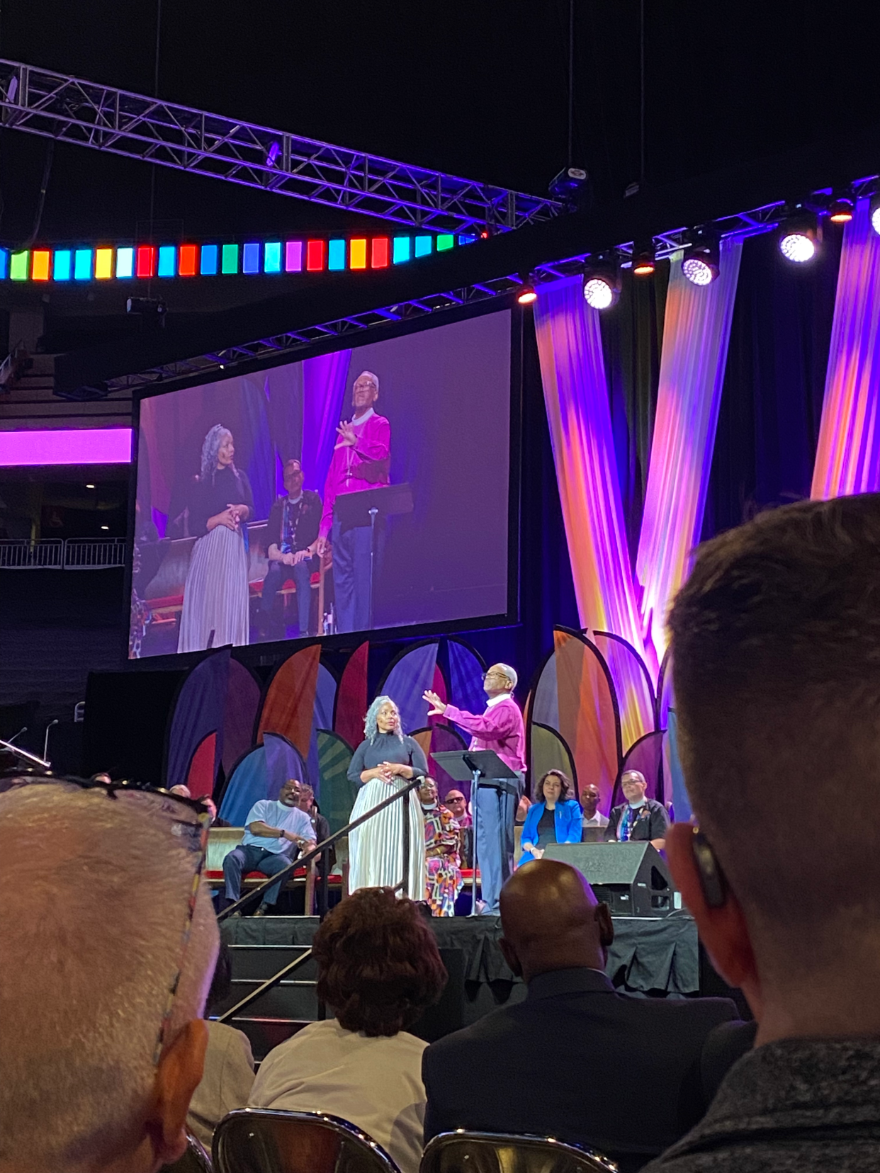 Rev. Michael Curry, presiding bishop and primate of The Episcopal Church and Dinorah Padro on stage at the Episcopal Revival at the 81st General Convention on June 23, 2024