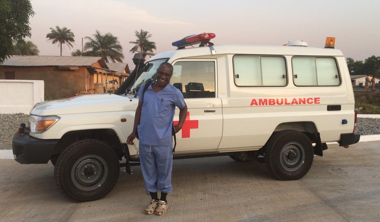 <span class="caption">Nurse Cheedy Jaja in Sierre Leone in 2015, where he helped treat patients with Ebola during the West Africa outbreak. </span> <span class="attribution"><span class="source">Rebecca E. Rollins/Partners in Health</span>, <a class="link " href="http://creativecommons.org/licenses/by-sa/4.0/" rel="nofollow noopener" target="_blank" data-ylk="slk:CC BY-SA;elm:context_link;itc:0;sec:content-canvas">CC BY-SA</a></span>