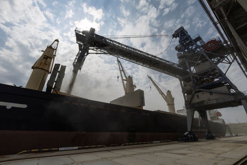 Lebanese-flagged bulk carrier Brave Commander is seen in the sea port of Pivdennyi during loading with wheat for Ethiopia in the town of Yuzhne