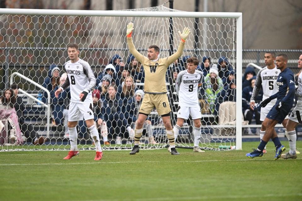 Hunter Morse (0) stands in goal for Western Michigan University during a game against Akron earlier this season. The Broncos defeated Akron 2-1 in the Mid-American Conference championship to earn the second conference title in program history and an automatic bid to the NCAA tournament.