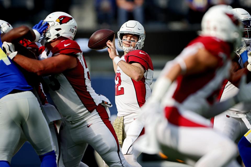 Colt McCoy #12 of the Arizona Cardinals throws the ball in the first quarter of the game against the Los Angeles Rams at SoFi Stadium on November 13, 2022, in Inglewood, California.