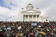 People demonstrate against racism and fascism in Helsinki, Finland on September 24, 2016. A man who took exception to a neo-Nazi demonstration in central Helsinki on September 10 died a week after he was assaulted at the demonstration. Roni Rekomaa/Lehtikuva/via REUTERS