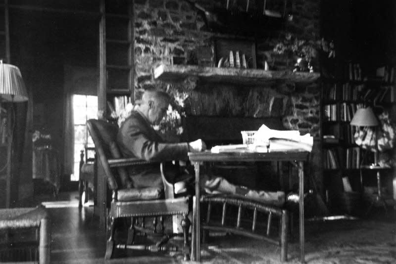 President Franklin D. Roosevelt sits at his work table near the hearth at the "Little White House" in Warm Springs, Ga. On April 12, 1945, Roosevelt, the longest-serving president in U.S. history, died of a cerebral hemorrhage at Warm Springs, Ga. File Photo courtesy FDR Presidential Library