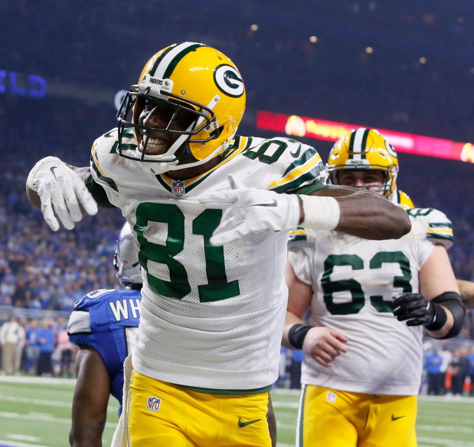 Green Bay Packers receiver Geronimo Allison celebrates after catching a touchdown against Detroit.