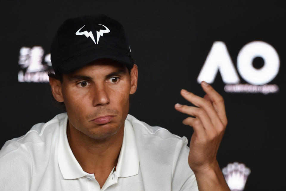 Spain's Rafael Nadal reacts during a press conference after his defeat to Serbia's Novak Djokovic in the men's singles final on day 14 of the Australian Open tennis tournament in Melbourne on January 27, 2019. (Photo by PAUL CROCK / AFP) / -- IMAGE RESTRICTED TO EDITORIAL USE - STRICTLY NO COMMERCIAL USE --        (Photo credit should read PAUL CROCK/AFP via Getty Images)