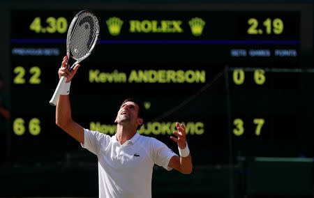 Tennis - Wimbledon - All England Lawn Tennis and Croquet Club, London, Britain - July 15, 2018 Serbia's Novak Djokovic celebrates winning the men's singles final against South Africa's Kevin Anderson . REUTERS/Andrew Couldridge