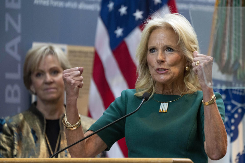 First lady Jill Biden, right, next to Phyllis Wilson, President of the Military Women's Memorial, speaks during an event honoring women in the military on the 75th Anniversary of the Women's Armed Services Integration Act, Monday, June 12, 2023, at the Military Women's Memorial at Arlington National Cemetery in Arlington, Va. (AP Photo/Jacquelyn Martin)