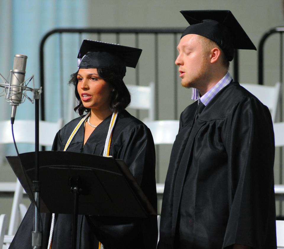 Peyton Zamarelli and Nathaniel Teal perform the choral anthem "I Love You, Lord" by Lauren Kline, arrangement by Lloyd Larson, on Friday, May 13, 2022, during the 176th Baccalaureate Ceremony at the University of Mount Union.