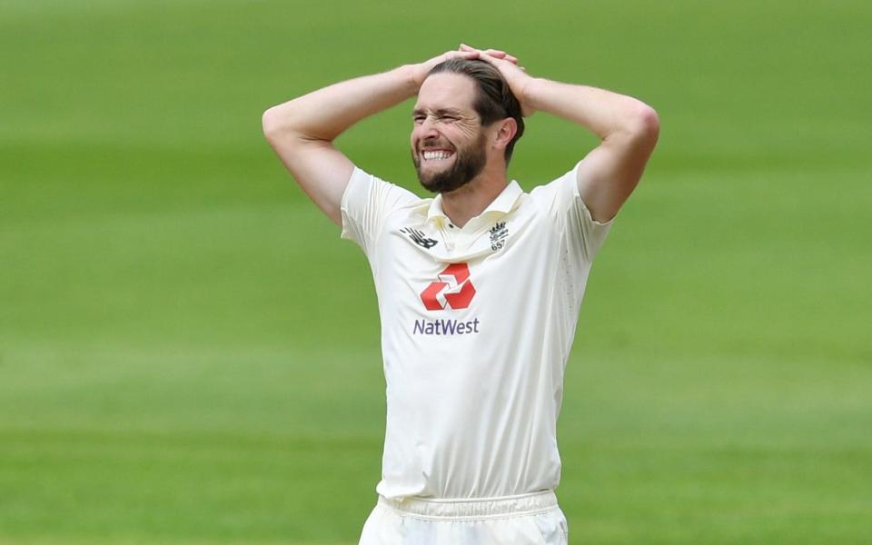 England's Chris Woakes reacts after bowling a ball to Pakistan's Shan Masood - Dan Mullan/Pool via REUTERS