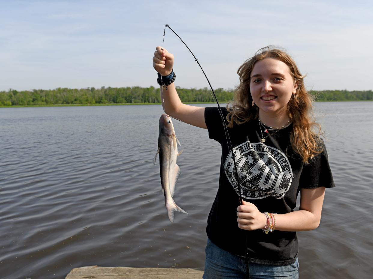 Sarah Miller caught a blue catfish Friday, May 12, 2023, at Cherry Beach Pavilion in Sharptown, Maryland.