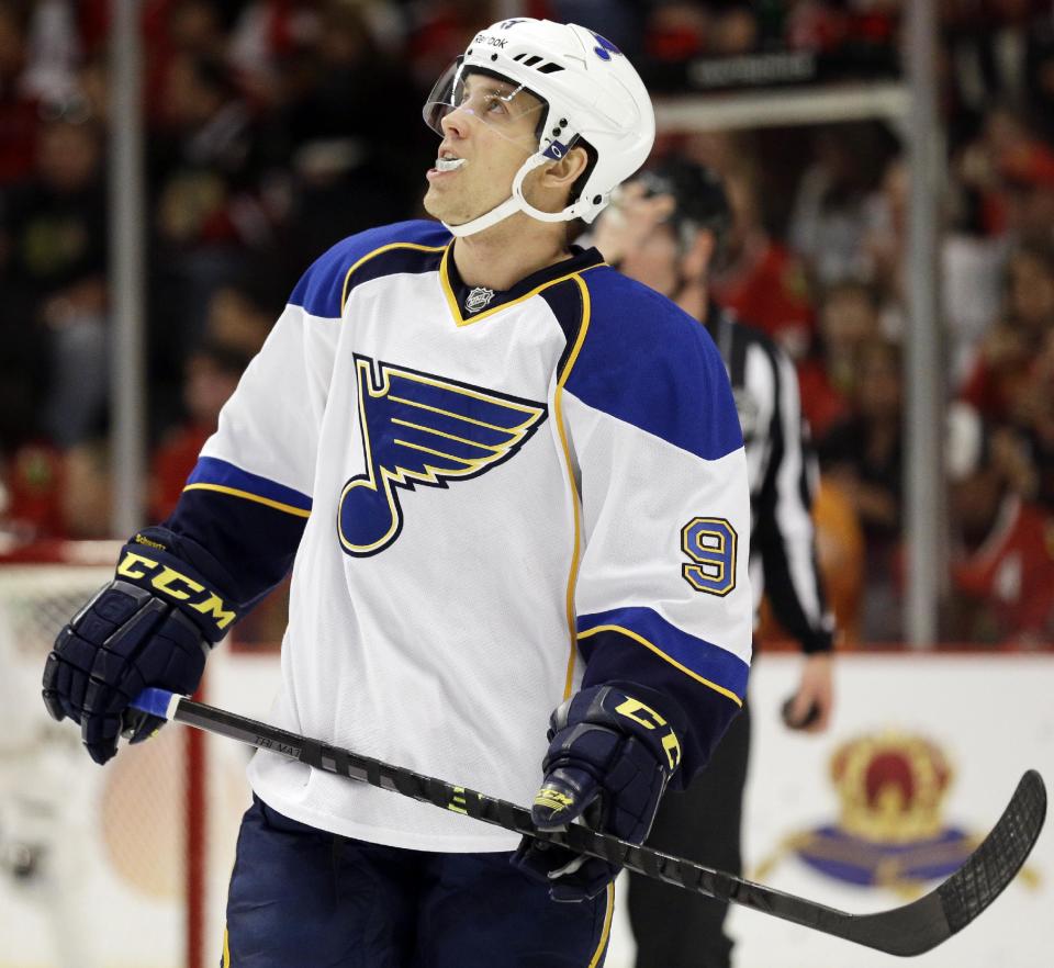 St. Louis Blues' Jaden Schwartz (9) looks up after missing a shot during the first period in Game 6 of a first-round NHL hockey playoff series against the Chicago Blackhawks in Chicago, Sunday, April 27, 2014. The Blackhawks won 5-1. (AP Photo/Nam Y. Huh)