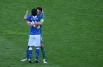 Italian goalkeeper Gianluigi Buffon (R) reacts with Italian forward Antonio Di Natale at the end of the Euro 2012 championships football match Spain vs Italy on June 10, 2012 at the Gdansk Arena. The game ended in a draw 1-1. AFPPHOTO/ PATRIK STOLLARZPATRIK STOLLARZ/AFP/GettyImages