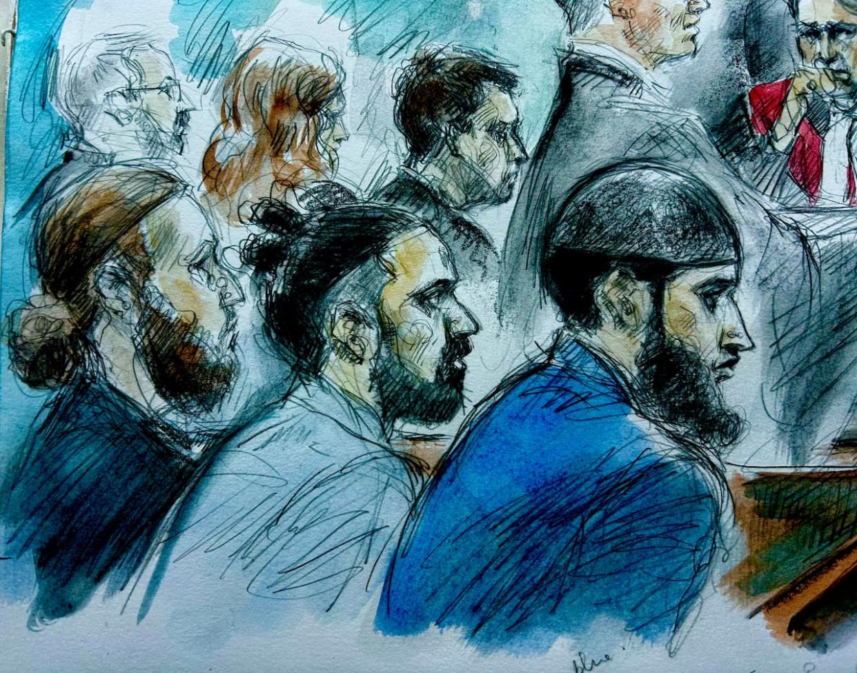 A courtroom sketch of three accused men in the Chicken Land shooting trial. Anand Nath (right) is accused of carrying out the shooting, Suliman Raza (centre) was the alleged getaway driver and Naqash Abbasi (left) was the alleged organizer. (Pam Davies - image credit)