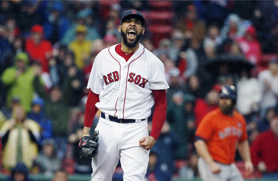 Boston Red Sox’s David Price reacts after striking out Houston Astros’ George Springer to retire the side with the bases loaded in the seventh inning of a baseball game in Boston, Saturday, Sept. 30, 2017. (AP Photo/Michael Dwyer)