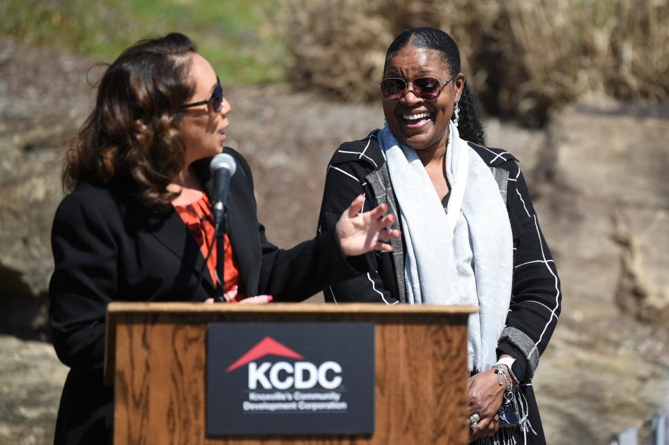Knoxville City Councilwoman Gwen McKenzie, left, and Beck Cultural Exchange Center President Rev. Reneé Kesler celebrate at a press conference March 13 as the city announces the largest federal grant awarded to Knoxville in recent history. With $42.6 million, which should cover nearly half of the project costs, the city plans to bridge East Knoxville, South Knoxville and downtown with new multimodal paths and green space.