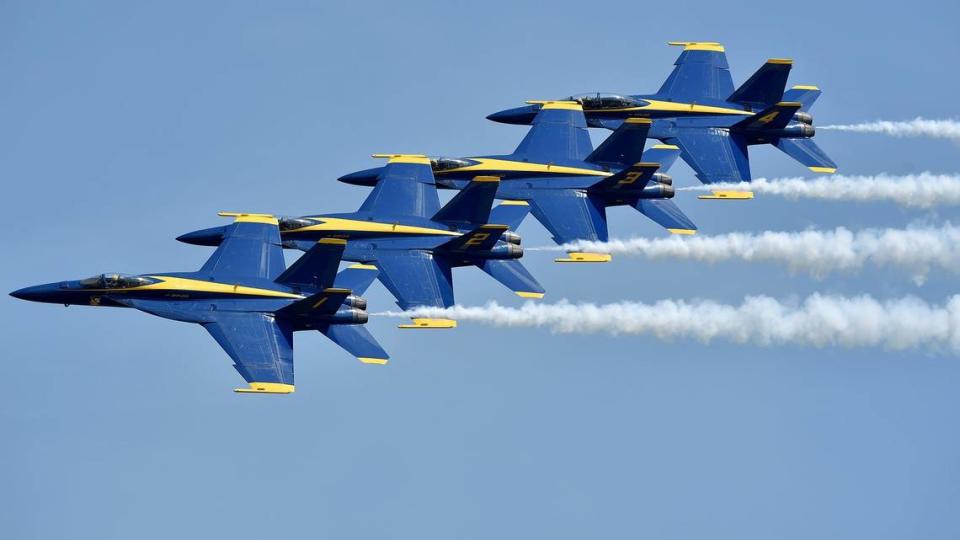 The United States Navy Blue Angels fly in formation on the second and final day of the 2021 Kansas City Airshow at the New Century AirCenter in New Century, Kansas, Sunday, July 4, 2021.