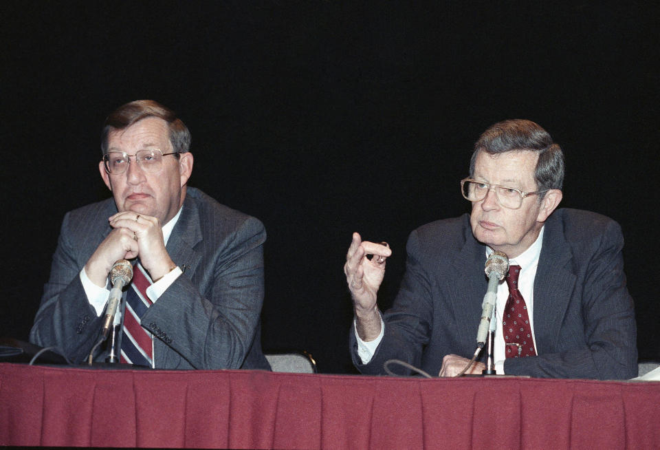 Lawrence Rawl, the 60-year-old head of Exxon, gestures during a news conference in New York, April 27, 1989. Rawl, who earned more than $9 million last year, has suddenly been thrust into the spotlight of harsh publicity for presiding over the management, or mismanagement of the disastrous Exxon tanker spill in Alaska. (AP Photo/Marty Lederhandler)