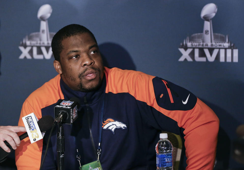 Denver Broncos defensive tackle Terrance Knighton talks with reporters during a news conference Monday, Jan. 27, 2014, in Jersey City, N.J. The Broncos are scheduled to play the Seattle Seahawks in the NFL Super Bowl XLVIII football game Sunday, Feb. 2, in East Rutherford, N.J. (AP Photo/Mark Humphrey)