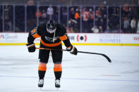 Philadelphia Flyers' Kevin Hayes skates off the ice after an NHL hockey game against the Washington Capitals, Wednesday, Dec. 7, 2022, in Philadelphia. (AP Photo/Matt Slocum)