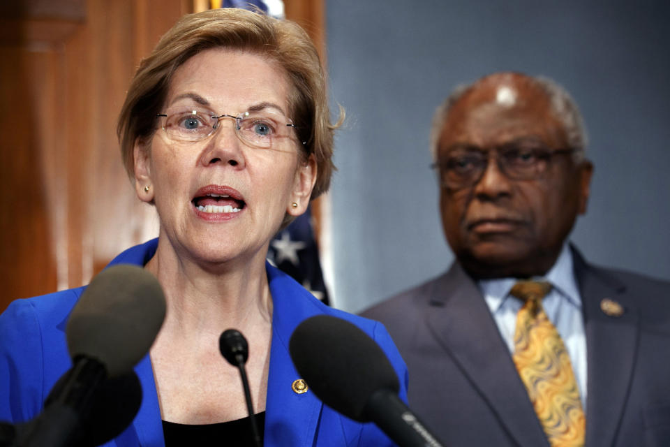 Sen. Elizabeth Warren and Rep. James Clyburn speak about a bill to cancel student loan debt at a Capitol Hill press conference on Tuesday. (Photo: AP Photo/Jacquelyn Martin)