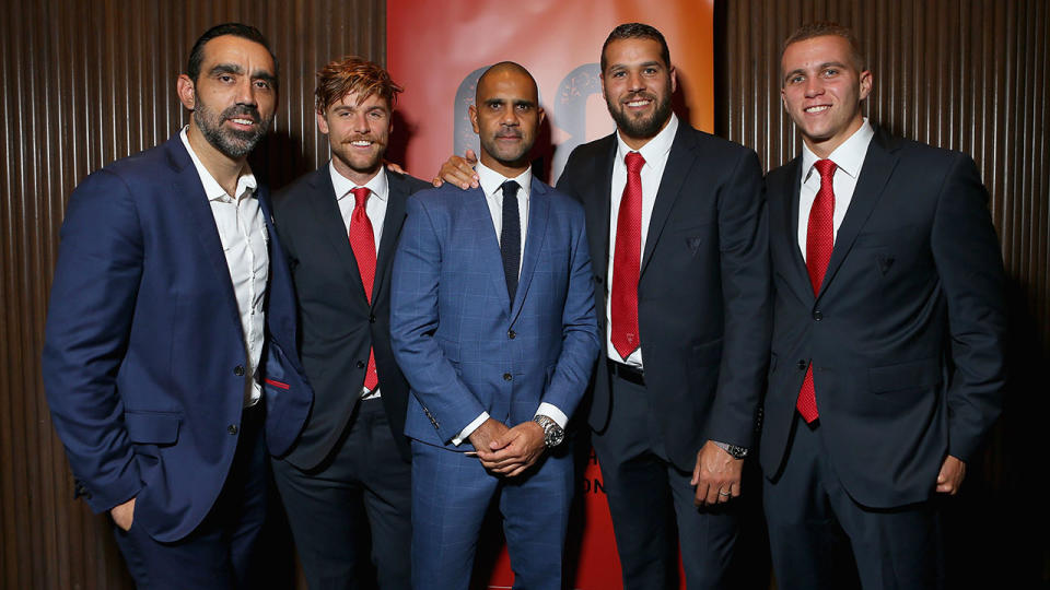 Adam Goodes, Dane Rampe, Michael O'Loughlin, Lance Franklin and Shaun Edwards pose left to right, for the media at the GO Foundation Lunch at The Ivy in May 2017.