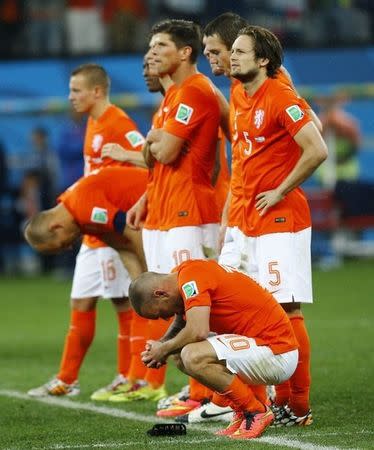 Netherland's players react during a penalty shootout in their 2014 World Cup semi-finals against Argentina at the Corinthians arena in Sao Paulo July 9, 2014. REUTERS/Darren Staples