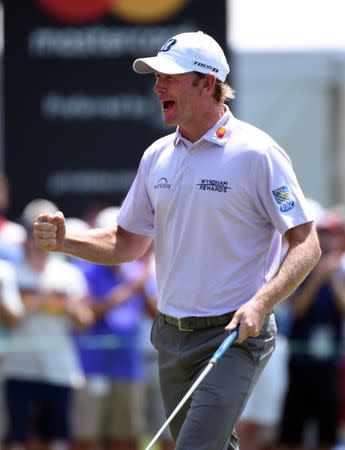 Aug 16, 2018; Greensboro, NC, USA; Brandt Snedeker reacts after shooting a 59 during the first round of the Wyndham Championship golf tournament at Sedgefield Country Club. Mandatory Credit: Rob Kinnan-USA TODAY Sports