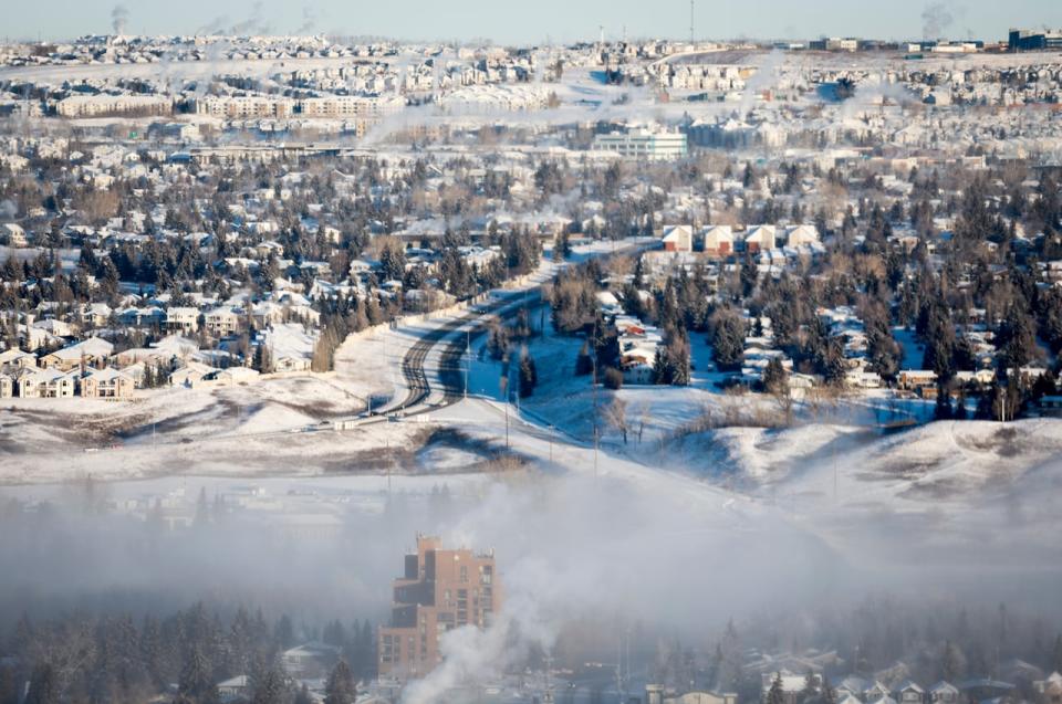 An ice fog hangs over steaming neighbourhoods in Calgary on Saturday.
