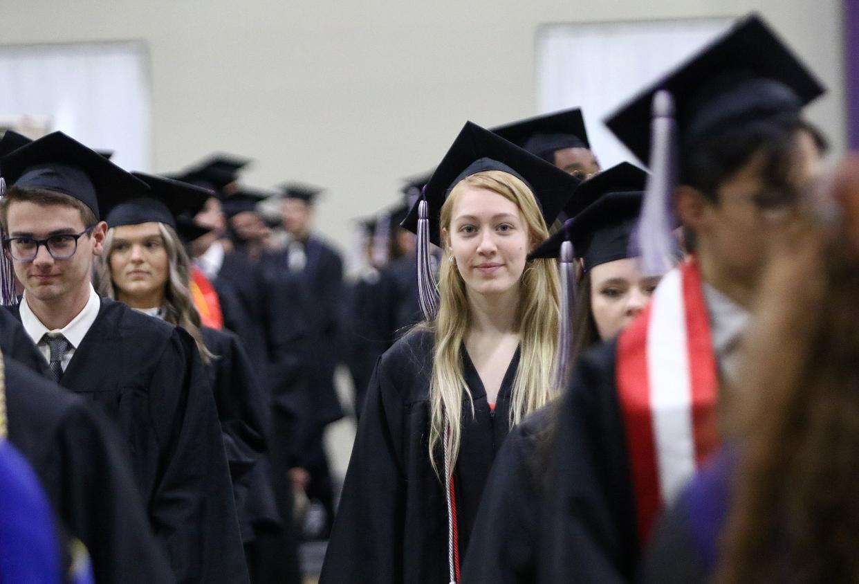 Members of the University of Mount Union's undergraduate Class of 2022 file into Peterson Field House at the start of Commencement Exercises on Saturday, May 14, 2022.