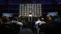 Sep 20, 2018; New York, NY, USA; Khabib Nurmagomedov and Conor McGregor during a press conference for UFC 229 at Radio City Music Hall. Mandatory Credit: Noah K. Murray-USA TODAY Sports