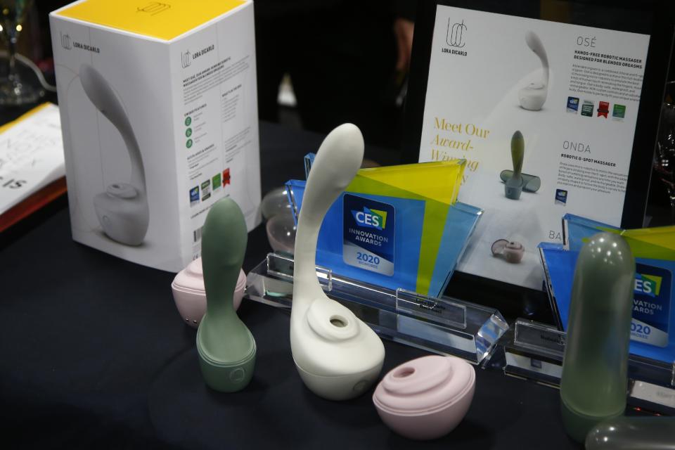 Lora DiCarlo offers a complete line of robotic sexual stimulation devices for women shown here at the CES Unveiled media preview event, Sunday, Jan. 5, 2020, in Las Vegas. (AP Photo/Ross D. Franklin)