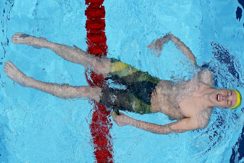 Izaac Stubbblety-Cook, of Australia, reacts after winning the men's 200-meter breaststroke finalat the 2020 Summer Olympics, Thursday, July 29, 2021, in Tokyo, Japan. (AP Photo/Morry Gash)