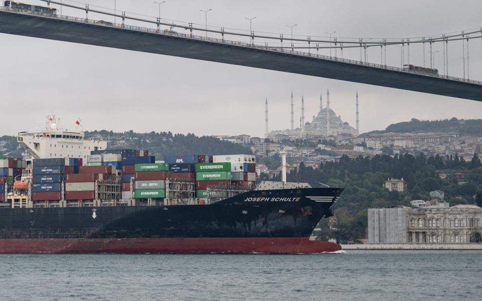 A container ship, named Joseph Schulte, which set sail from Ukraine's Odesa port earlier this week, reaches the Istanbul Strait in Istanbul